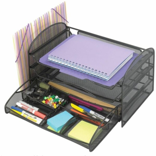 Safco Onyx 1 Upright/3 Tray Mesh Desk Organizer - Black - 1 Each