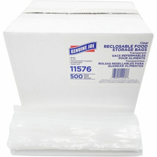 Genuine Joe Food Storage Bags - 7" Width X 8" Length X 1.75 Mil (44 Micron) Thickness - Zipper Closure - Clear - Food, Beef, Poultry, Vegetables, Seafood - 500 / Box