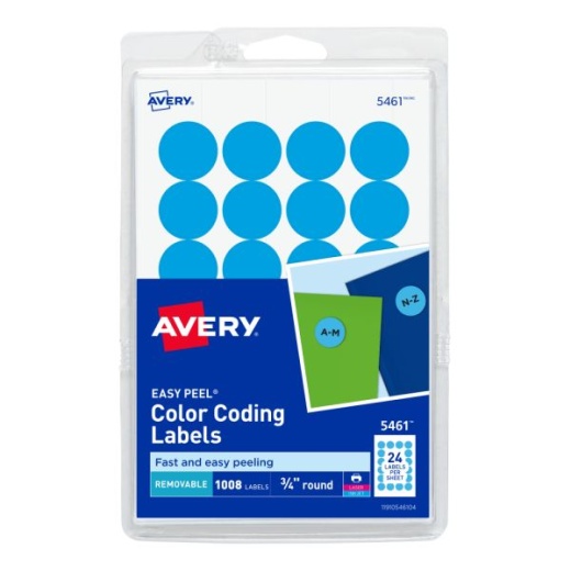 Avery Removable Color-Coding Labels, 5461, Round, 3/4" Diameter, Light Blue, Pack Of 1,008