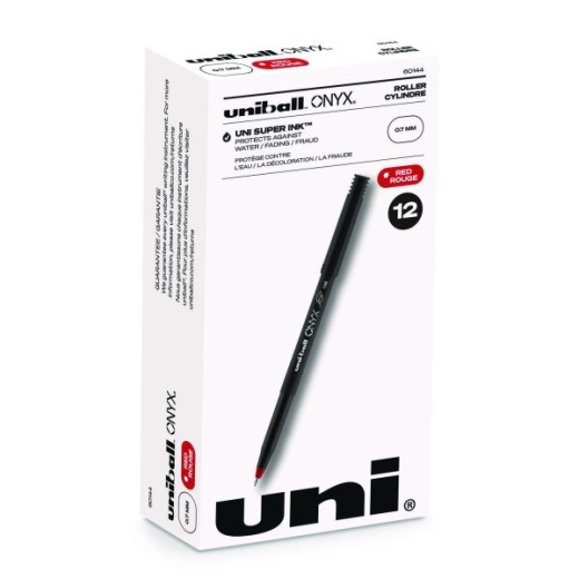 Uniball Onyx Roller Ball Pen, Stick, Fine 0.7 Mm, Red Ink, Black/Red Barrel, Dozen