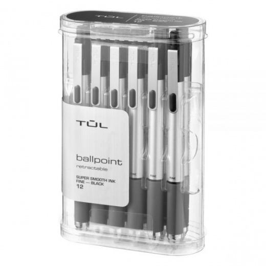 Tul Bp Series Retractable Ballpoint Pens, Fine Point, 0.8 Mm, Silver Barrel, Black Ink, Pack Of 12 Pens