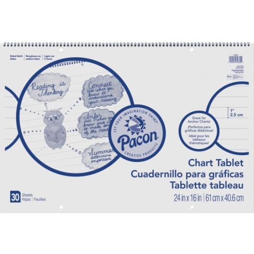 Pacon Ruled Chart Tablet - 30 Sheets - Spiral Bound - Ruled - 1" Ruled - 24" X 16" - White Paper - Stiff Cover - Sturdy Back, Recyclable, Dual Sided