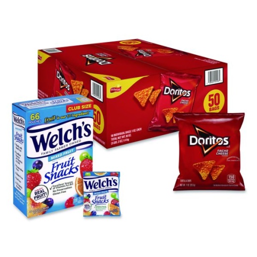 Snack Box Pros Doritos Nacho Cheese Tortilla Chips And Welch's Mixed Fruit Snacks, (50) 1Oz Bag Chips, (66) 0.8 Oz Pouch Fruit Snacks/Bundle