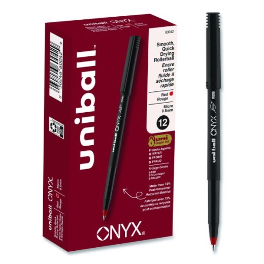 Uniball Onyx Roller Ball Pen, Stick, Extra-Fine 0.5 Mm, Red Ink, Black/Red Barrel, Dozen