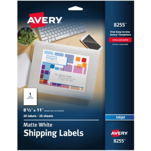 Avery Shipping Labels 8255 - Rectangle, 8-1/2" x 11", White, Pack of 20 Labels