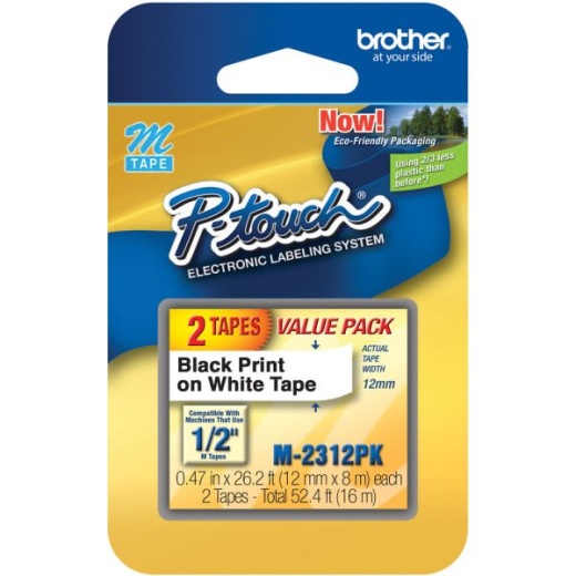Brother M-2312PK Label Maker Tapes - 1/2" x 26 3/16", White, Pack Of 2