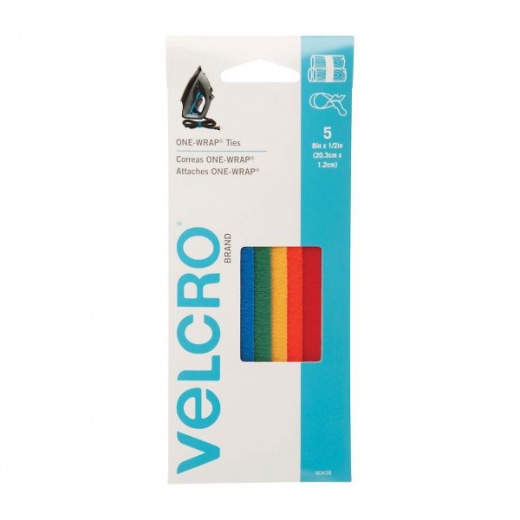 Velcro Brand One-Wrap Pre-Cut Thin Ties, 0.5" x 8", Assorted Colors, 5/Pack