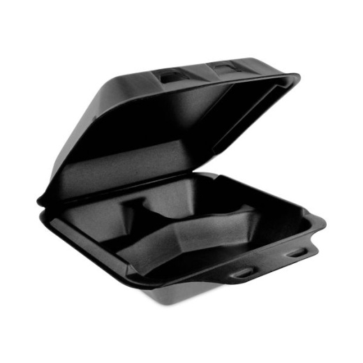Pactiv Evergreen Smartlock Foam Hinged Lid Container, Medium, 3-Compartment, 8 X 8.5 X 3, Black, 150/Carton