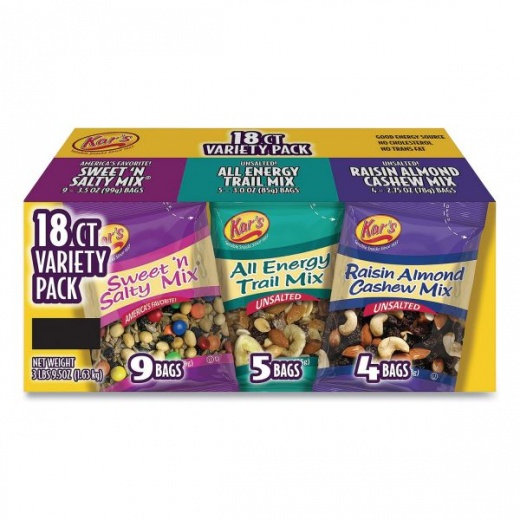 Kar's Trail Mix Variety Pack, Assorted Flavors, 18 Packets/Carton