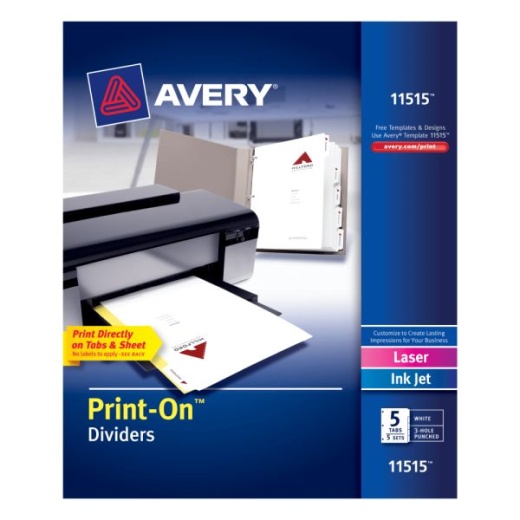 Avery Customizable Print-On Dividers, 8 1/2" X 11", 5 Tabs, Pack Of 5 Sets
