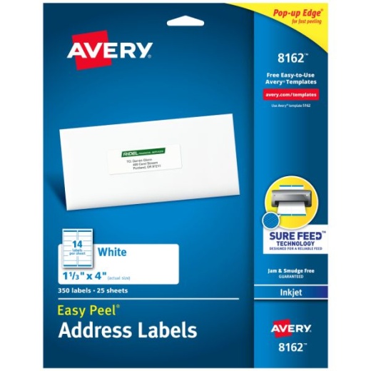 Avery Easy Peel Address Labels with Sure Feed Technology, 8162, Rectangle, 1-1/3" x 4", White, Pack of 350