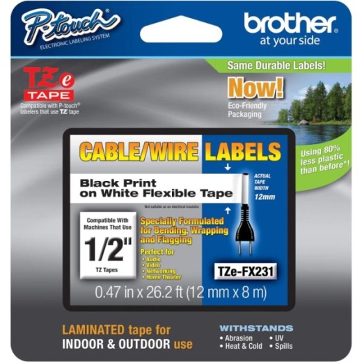 Brother P-Touch TZe-FX231 Laminated Flexible ID Label Maker Tape - 1/2" x 26-2/10', Black on White