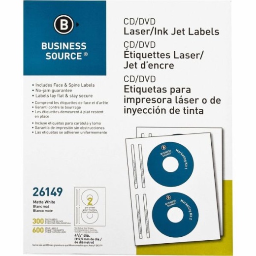 Business Source CD/DVD Labels - 300/Pack, Permanent Adhesive, White