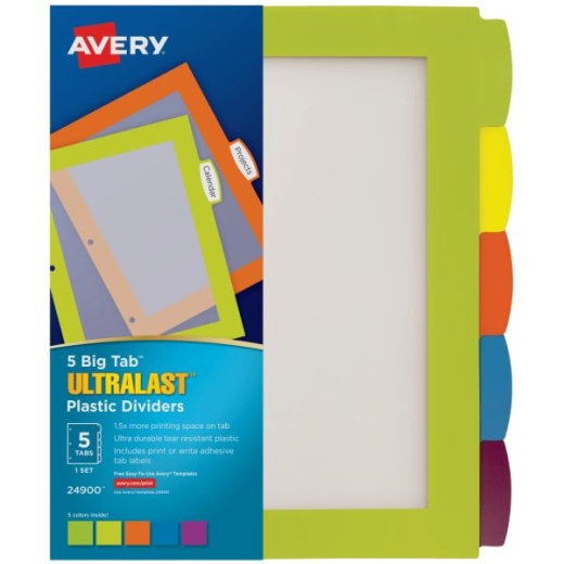 Avery Big Tab Ultralast Plastic Dividers For Laser And Inkjet Printers, 5 Tabs