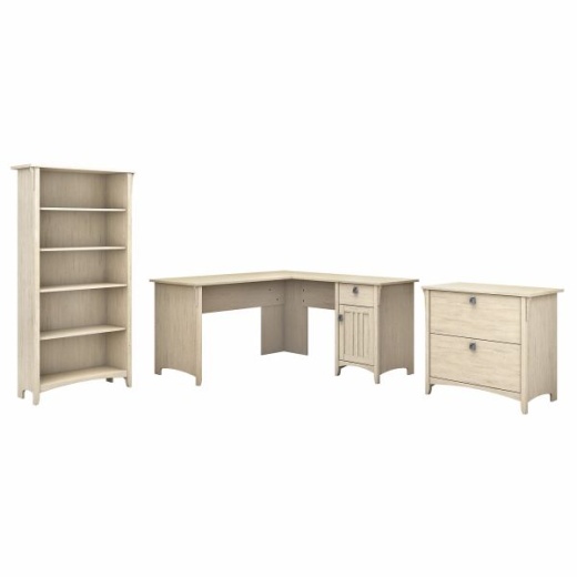 Bush Furniture Cabot 60W L Shaped Computer Desk with Hutch and 5 Shelf Bookcase Linen White Oak