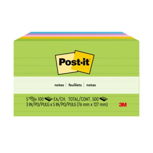 Post-it Notes - 3 in x 5 in, Floral Fantasy Collection, Lined, 5 Pads, 100 Sheets/Pad, Clean Removal