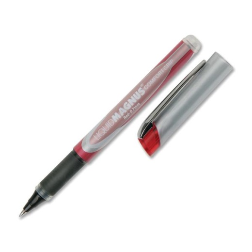 Skilcraft Liquid Magnus Comfort Grip Rollerball Pens, Fine Point, 0.7 Mm, Red Barrel, Red Ink, Pack Of 4
