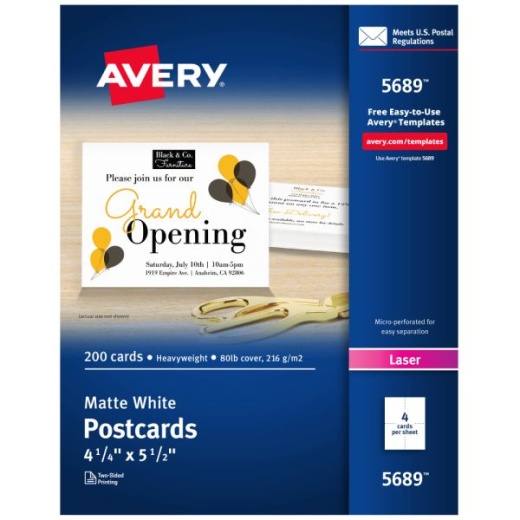 Avery Printable Postcards, 4.25" x 5.5", White, 200 Blank Postcards For Laser Printers