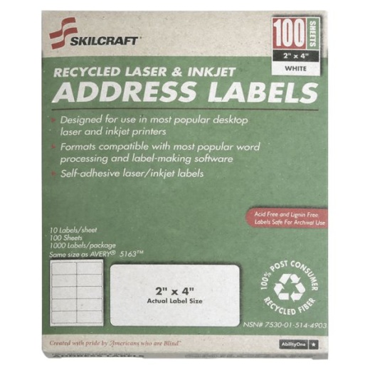 Skilcraft Permanent Inkjet/Laser Address Labels Rectangle, 1" x 2 5/8", White, Box Of 100 Sheets