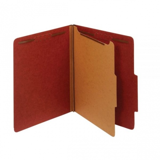 Pressboard Classification Folders with Fasteners, 1 Divider, Letter Size, Red, Box of 10