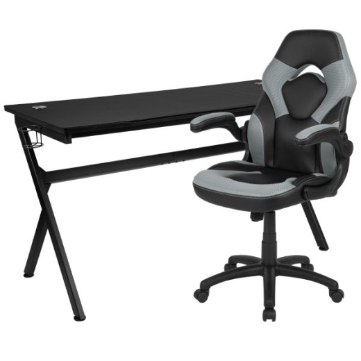 Red Gaming Desk and Black Footrest Reclining Gaming Chair Set with Cup  Holder and Headphone Hook 