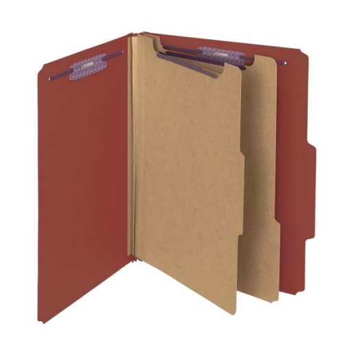 Smead Pressboard Classification Folders, 2 Dividers, 2" Expansion, 2/5 Cut, Letter Size, 100% Recycled, Red, Pack Of 10