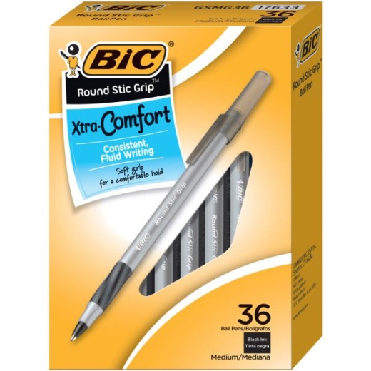 BIC Round Stic Grip Ballpoint Pens, Medium Point, 1.2 Mm, Black Ink, Pack Of 36