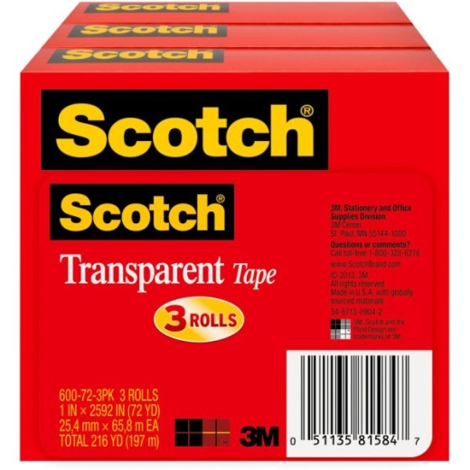 Scotch Transparent Tape, 1 X 2592, Clear, Pack Of 3 Rolls