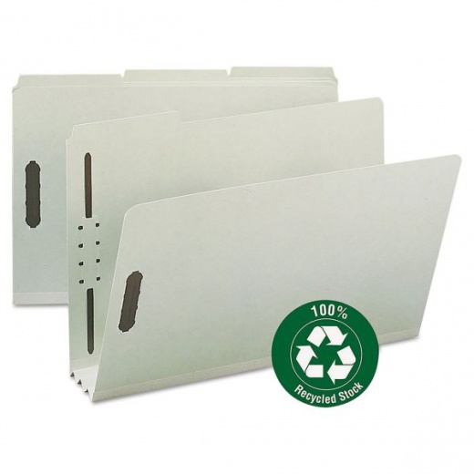 Smead Recycled Pressboard Fastener Folders, 3" Expansion, 2 Fasteners, Legal Size, Gray-Green Exterior