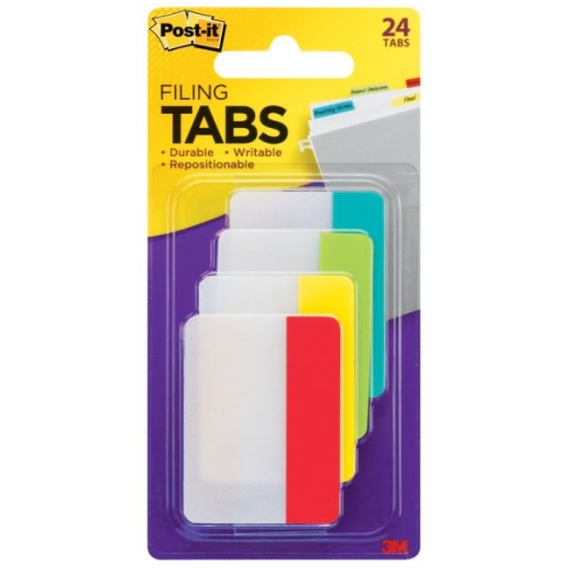 Post-It Notes Durable Filing Tabs, 2" Assorted Colors, 24 Tabs Per Pack