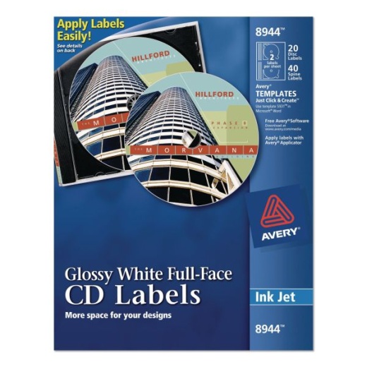 Avery Inkjet Full-Face CD Labels, Glossy White, 20/Pack