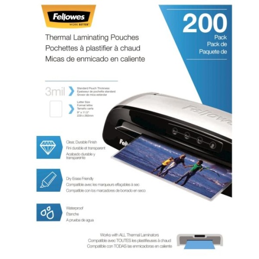 Fellowes Thermal Laminating Pouches, Letter, 3 Mil, 11 1/2" x 9", Clear, Pack of 200