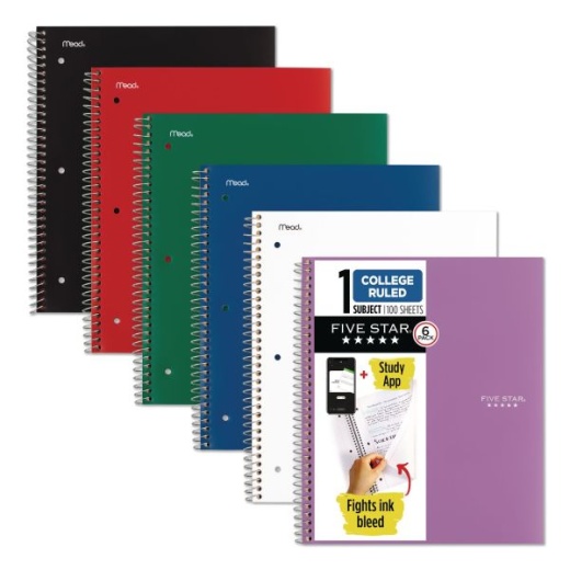 Five Star Wirebound Notebook, 1-Subject, Medium/College Rule, Assorted Cover Colors, (100) 11 X 8.5 Sheets, 6/Pack