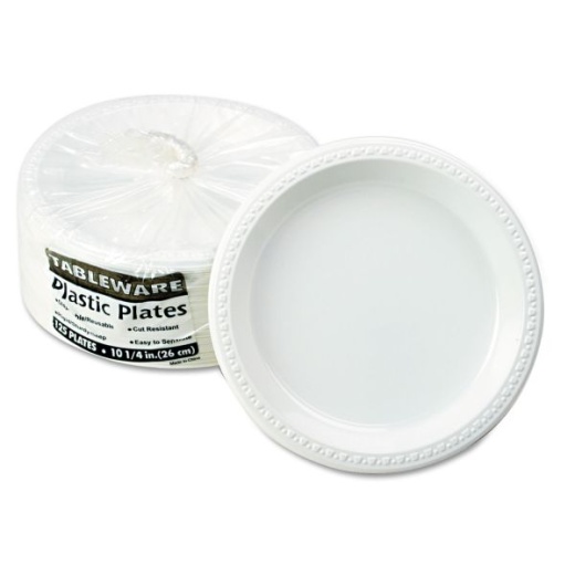 Tablemate Plastic Dinnerware, Plates, 10.25" Dia, White, 125/Pack