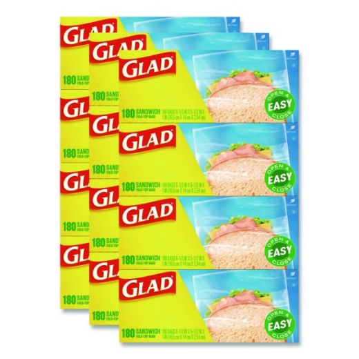 Glad Fold Top Food Storage Plastic Sandwich Bags, 6.5 X 5.5, Clear, 180 Bags/Box, 12 Boxes/Carton