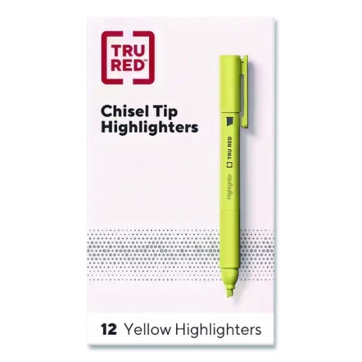 Tru Red Pen Style Chisel Tip Highlighter, Yellow Ink, Chisel Tip, Yellow Barrel, Dozen
