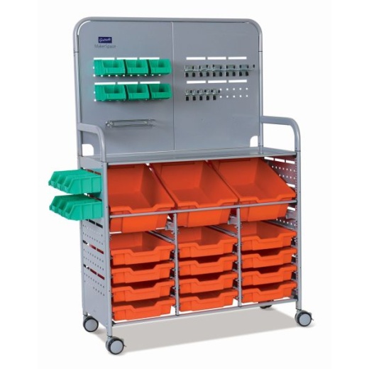 Makerspace Cart Set 1 in Silver with Fixings Pack 3 Deep F2 and 12 Shallow F1 Tropical Orange Trays