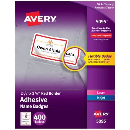 Avery Flexible Name Badge Labels, 2 1/3" x 3 3/8", White With Red Border, Box Of 400