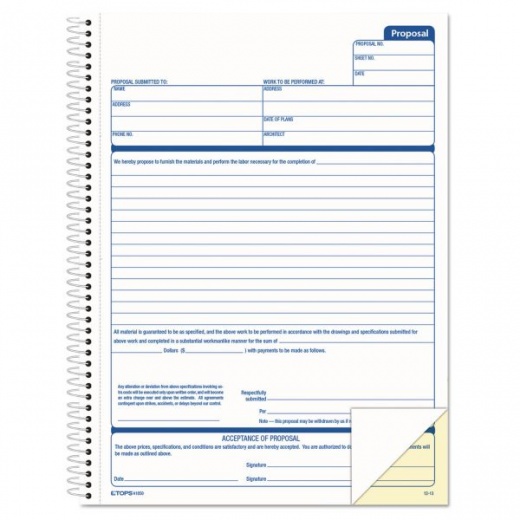 TOPS Spiralbound Proposal Form Book, Two-Part Carbonless, 11 x 8.5, 50 Forms Total