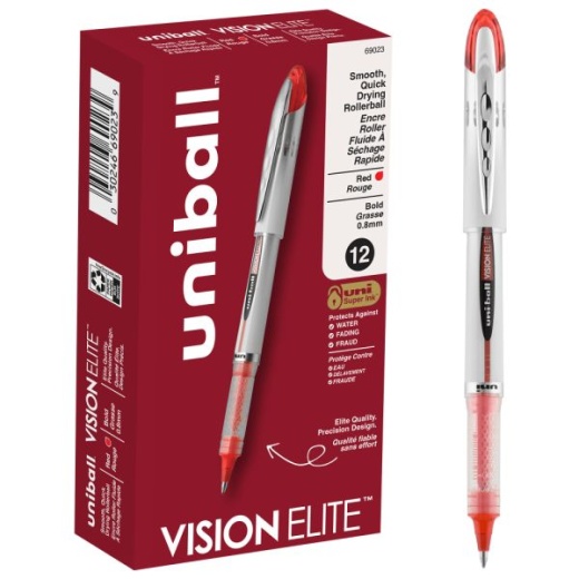 Uniball Vision Elite Liquid Ink Rollerball Pens, Bold Point, 0.8 Mm, White Barrel, Red Ink, Pack Of 12
