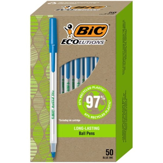 BIC Ecolutions Round Stic Ball Pens, Medium Point, 1.0 Mm, 74% Recycled