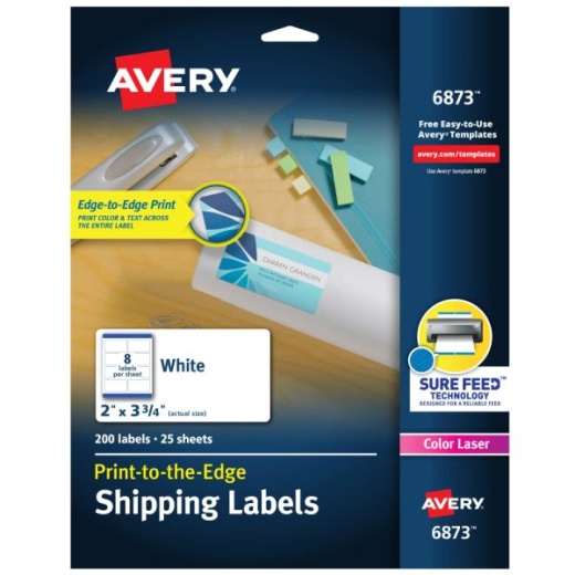 Avery Print-To-The-Edge Permanent Laser Shipping Labels, 6873, 2' x 3 3/4', White, Pack Of 200