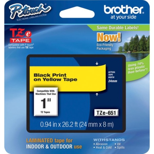 Brother TZe-651 Black-On-Yellow Tape, 1" x 26.2'
