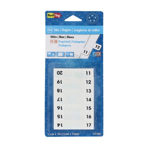Redi-Tag Permanent Index Tabs, 11-20, White, 8 Sets (24 Blank), Pack Of 104 Tabs