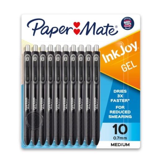 Paper Mate Inkjoy Gel Pens, Medium Point, 0.7 Mm, Black Barrel, Black Ink, Pack Of 10