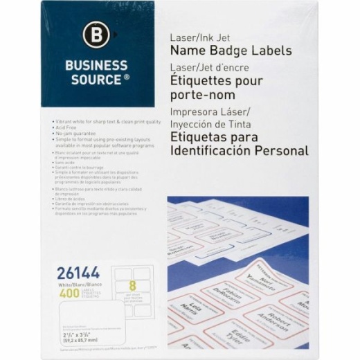 Business Source Laser/Inkjet Name Badge Labels - 2 1/3"X 3 3/8" - Rectangle - Laser, Inkjet - White - 8 / Sheet - Self-Adhesive, Jam-Free - 400 / Pack