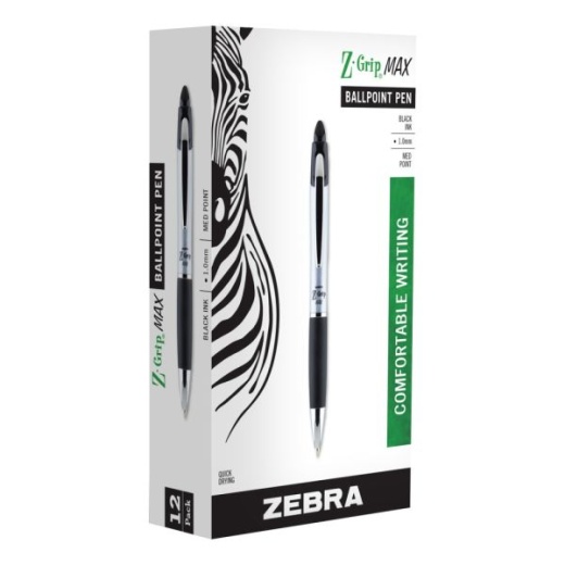 Zebra Pen Z-Grip Max Retractable Ballpoint Pens, Pack Of 12, Medium Point, 1.0 Mm, Silver Barrel, Black Ink