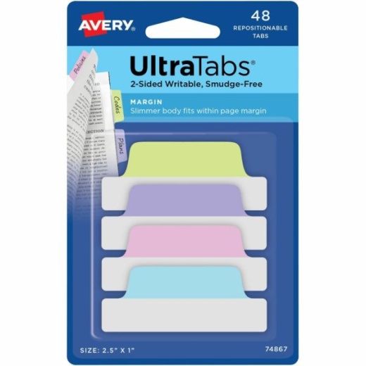 Avery Ultratabs Repositionable Margin Tabs - Write-On Tab(s) - 1" Tab Height X 2.50" Tab Width - Assorted Pastel Tab(s) - 48 / Pack