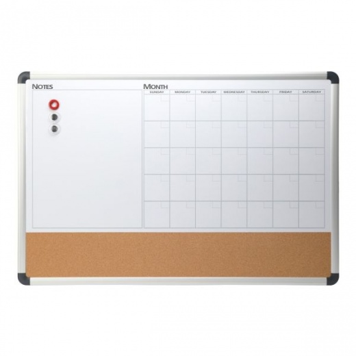 Magnetic Dry-Erase Whiteboard/Cork Calendar Board, 24" X 36", Silver Aluminum Frame
