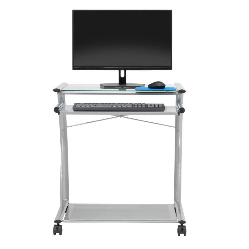 L Cart Compact Computer Cart With Storage And Keyboard Shelf In Silver/Clear Glass